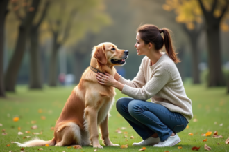 Femme et chien retriever dans un parc en été