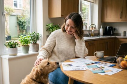 Femme souriante avec son chien retriever dans la cuisine