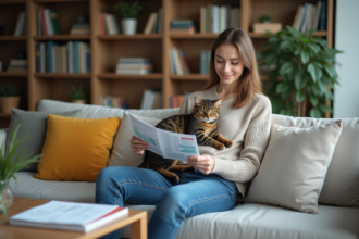 Jeune femme en salon avec chat et brochures d'assurance