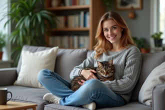 Femme assise avec son chat tabby sur les genoux dans un salon chaleureux