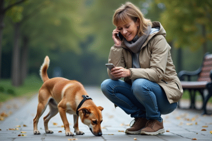 Femme aidant un chien errant dans un parc urbain