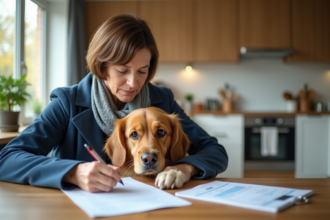 Femme signant assurance avec son chien dans la cuisine