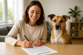 Femme souriante signant un contrat d'assurance avec son chien à côté
