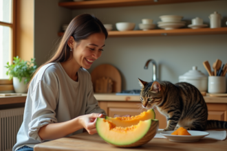 Femme souriante offrant un melon à un chat curieux dans une cuisine chaleureuse