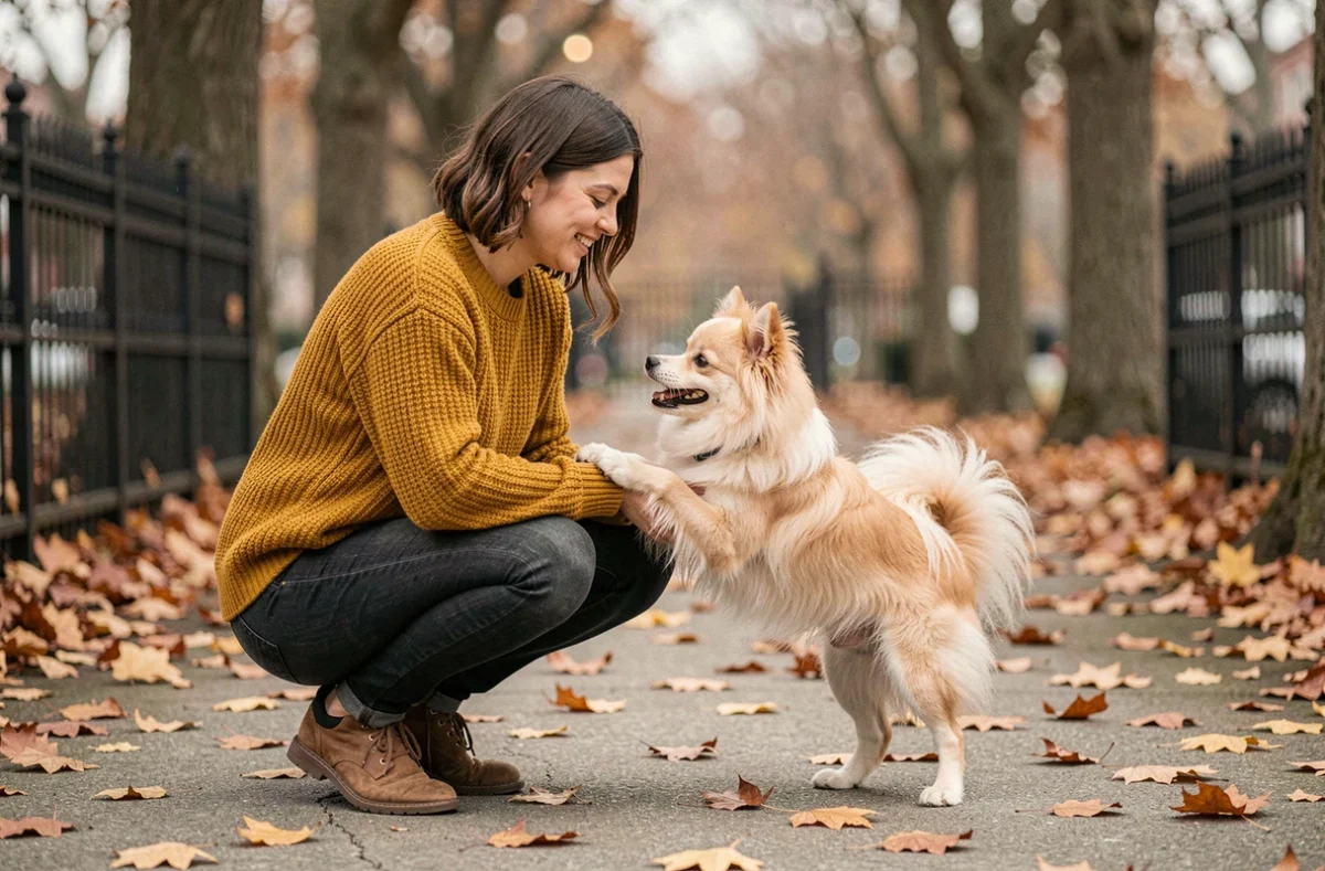 Jeune femme et son chien Spitz crème jouant dans un parc urbain en automne parmi les feuilles colorées