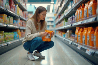Femme examinant un sac de nourriture pour chat en supermarche
