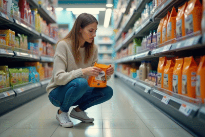 Femme examinant un sac de nourriture pour chat en supermarche