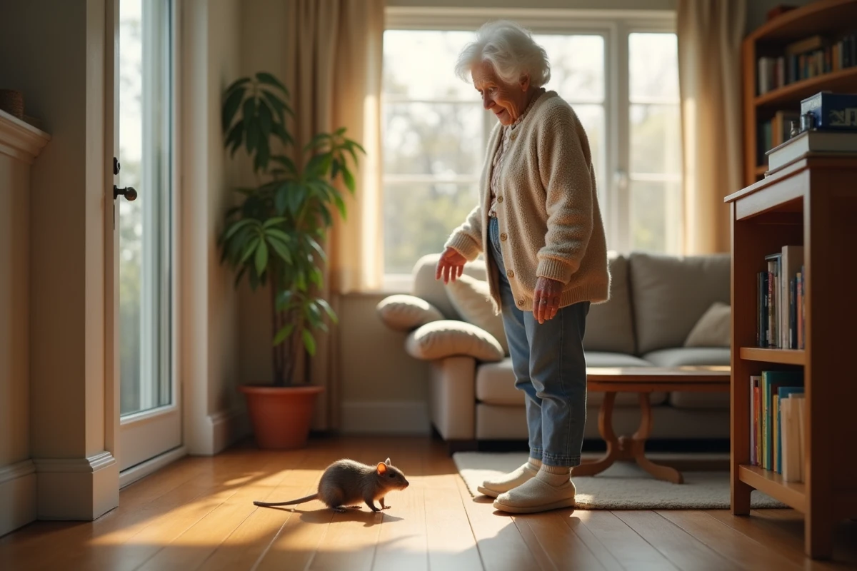 Femme âgée surprise pointant une petite souris dans le salon