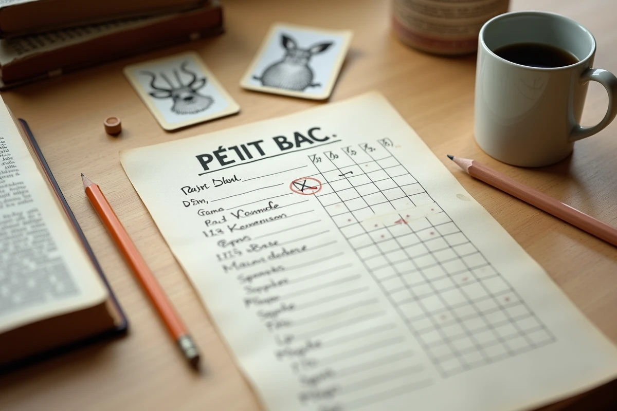 Feuille de jeu du petit Bac vue de dessus avec la lettre X entourée et des noms d'animaux écrits à la main