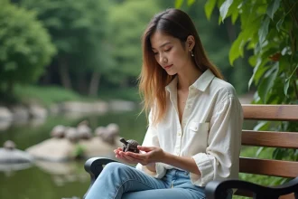 Jeune femme tenant une figurine tortue dans un parc