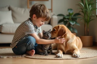Jeune garçon caressant un chat et un chien dans un salon chaleureux