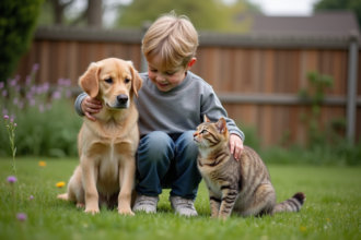 Jeune garçon avec chien et chat dans un jardin