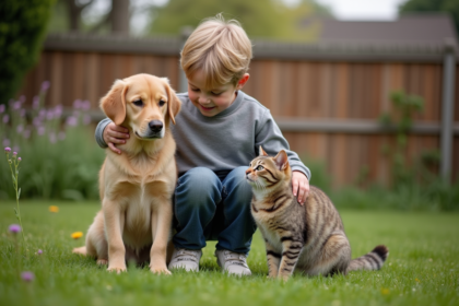 Jeune garçon avec chien et chat dans un jardin