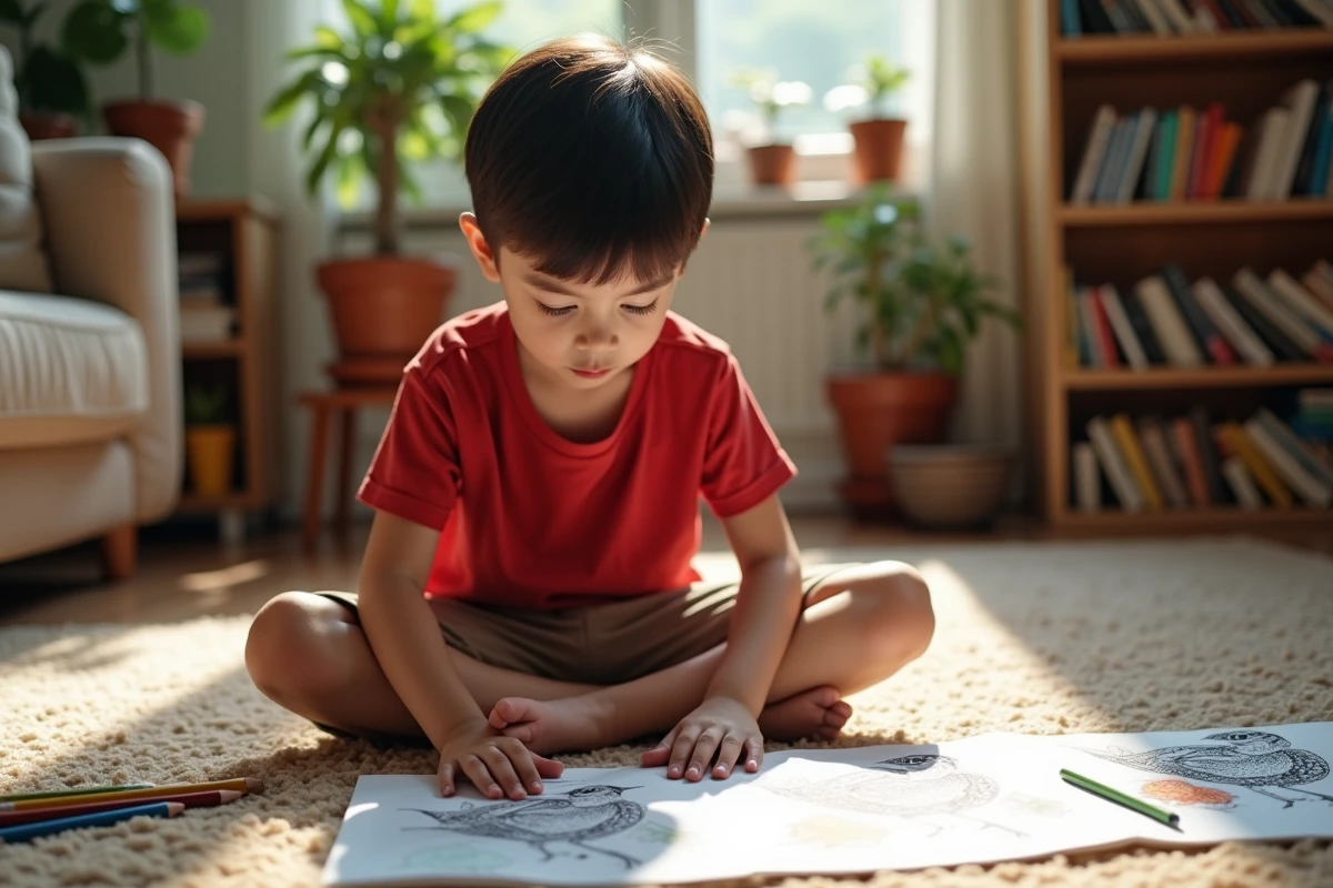 Garçon de 10 ans concentré sur ses coloriages d