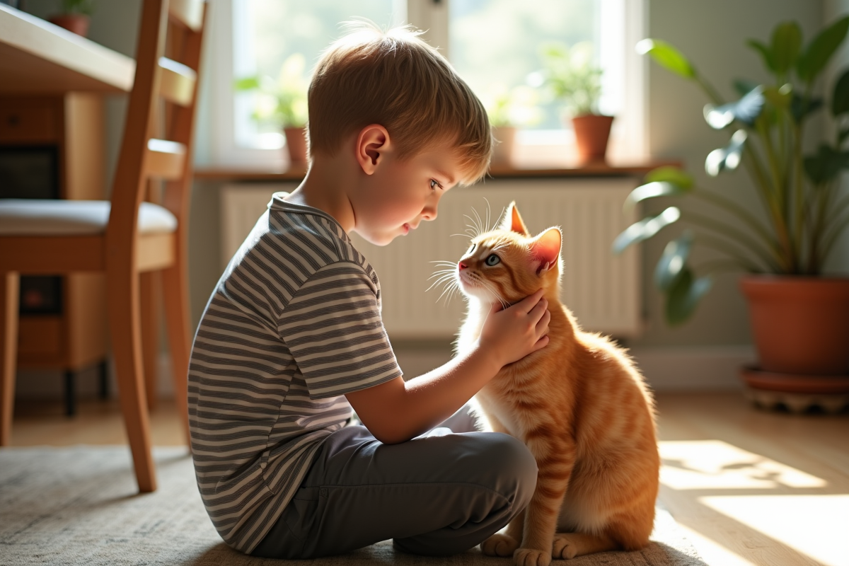 Jeune garçon caressant son chat orange dans une salle à manger lumineuse