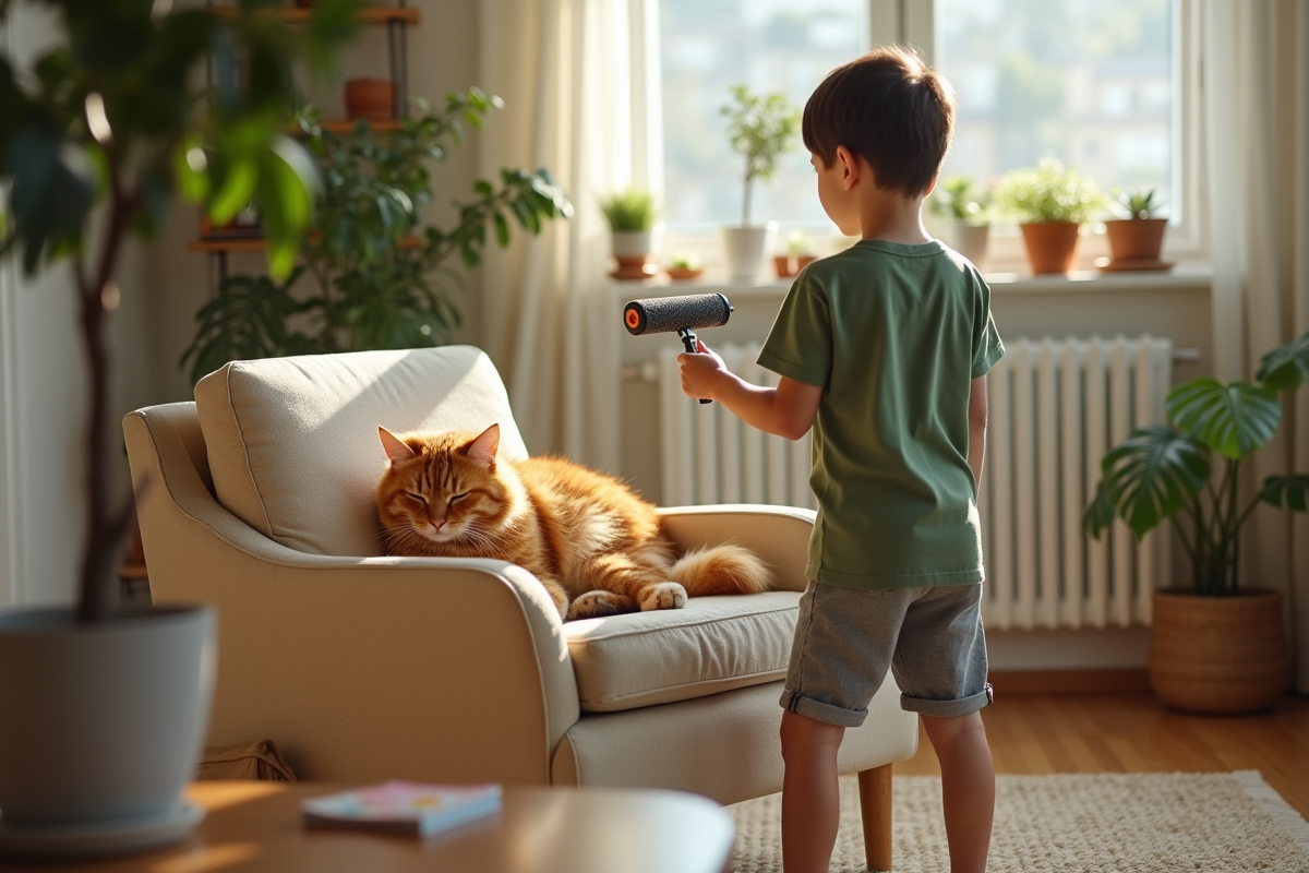 Adolescent utilisant un rouleau pour enlever les poils d’un fauteuil