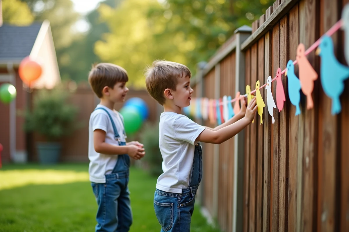 Deux garçons accrochant des decorations oiseaux dans le jardin