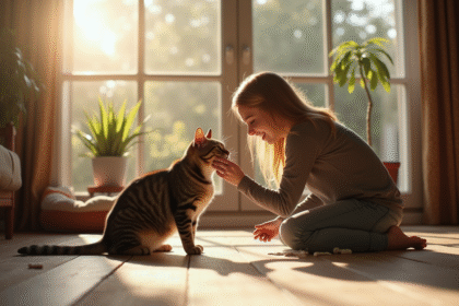 Une gardienne de chat joue avec un chat tigré dans un salon cosy