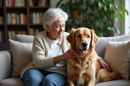Chien Golden Retriever âgé assis près d'une femme dans un salon chaleureux
