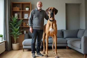 Grand Danois géant debout à côté de son propriétaire dans un salon moderne, illustrant la taille impressionnante du plus grand chien du monde
