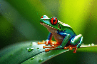 Grenouille verte perchée sur une feuille humide en macro