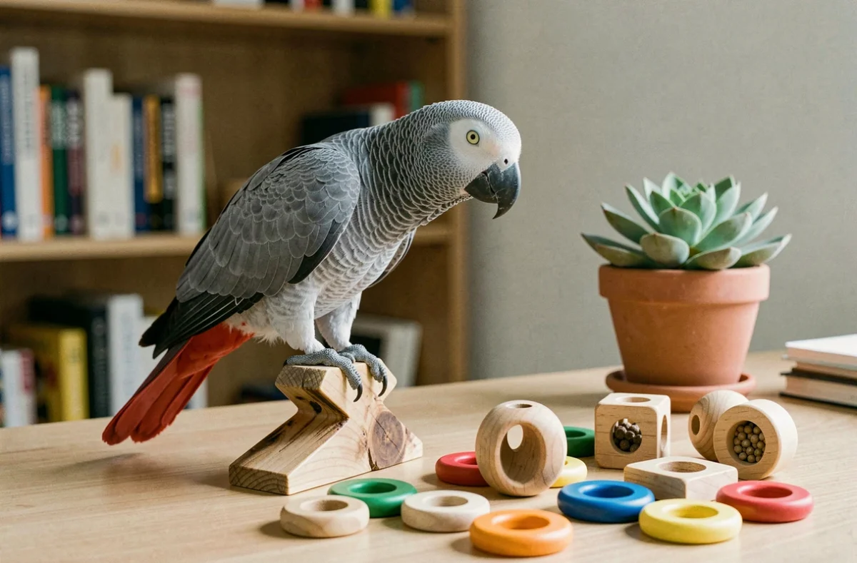 Gris du Gabon explorant des jouets d'enrichissement sur un perchoir en bois dans un bureau à domicile, montrant ses besoins en stimulation mentale