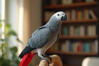 Gris du Gabon perché sur une branche en bois à l'intérieur d'un salon, plumage gris argenté détaillé et queue rouge vif
