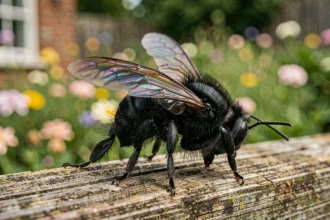 Gros insecte noir volant posé sur une clôture en bois de jardin, abeille charpentière en gros plan avec détails des ailes irisées