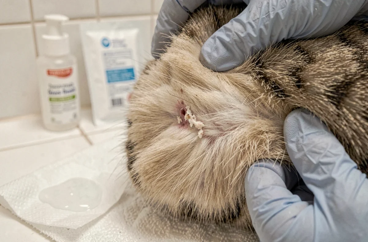 Gros plan sur une plaie d'abcès en cicatrisation sur le flanc d'un chat avec soin antiseptique