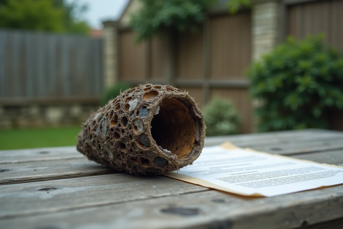 Gros plan d'un fragment de nid de frelon noir avec un document réglementaire posé sur une table en bois de jardin