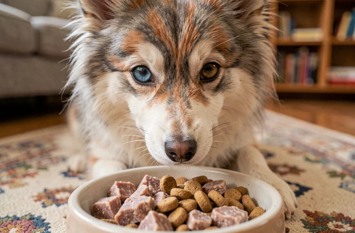 Gros plan sur le visage expressif d'un Pomsky adulte se penchant vers sa gamelle de nourriture mixte dans un salon chaleureux