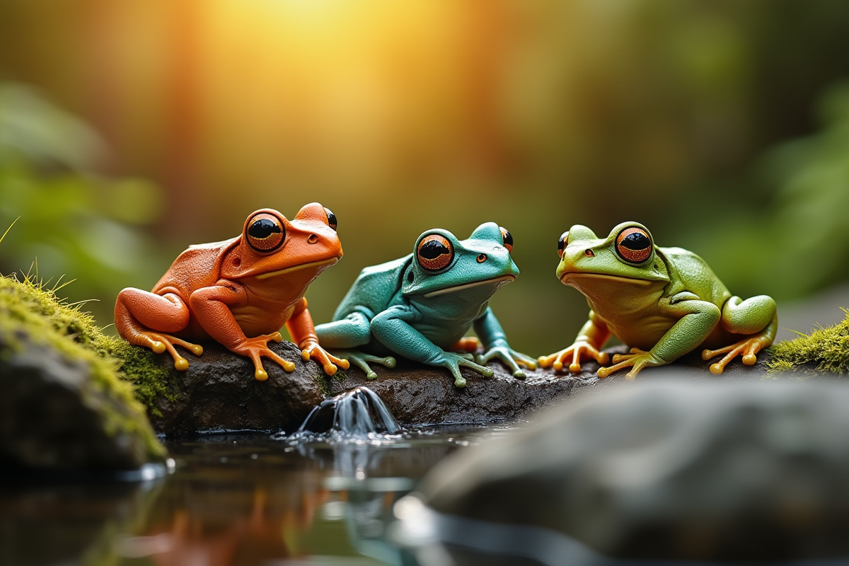 Groupe de grenouilles colorées sur des rochers près d