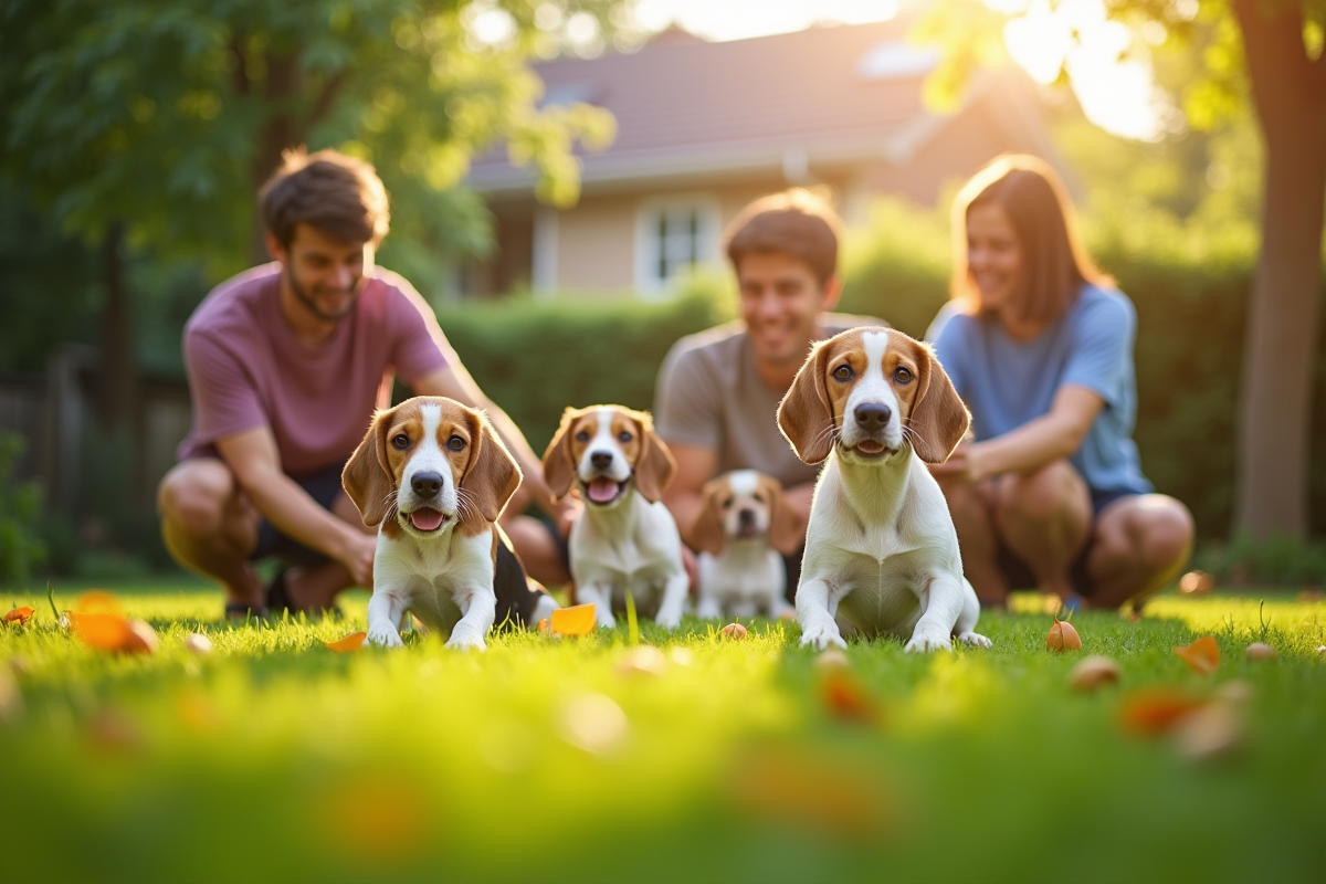 Groupe de beagles jouant dans un jardin ensoleille