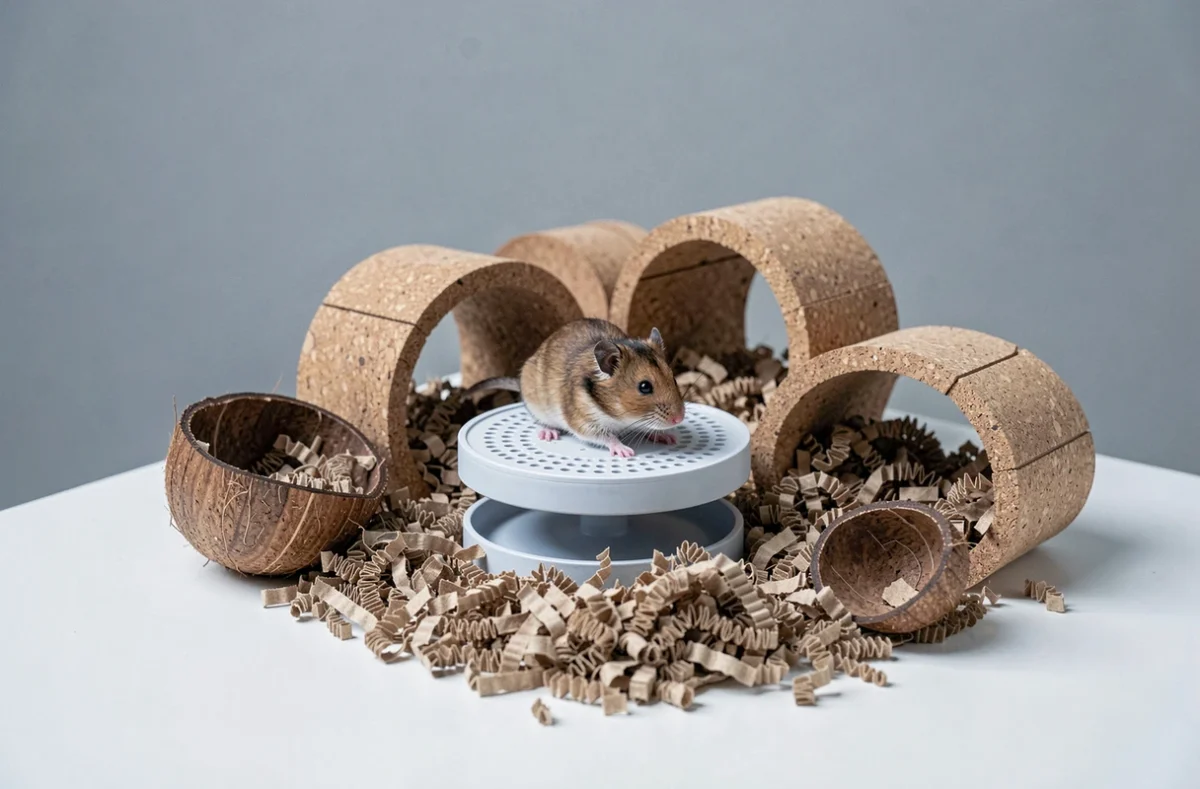 Habitat DIY enrichi pour hamster russe avec roue silencieuse, tunnels en liège et litière compressée