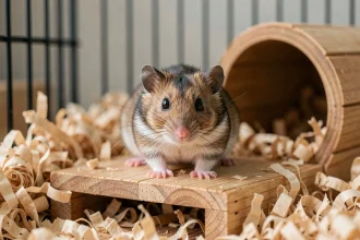 Hamster russe dans une cage bien aménagée avec litière naturelle et abri en bois