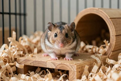Hamster russe dans une cage bien aménagée avec litière naturelle et abri en bois
