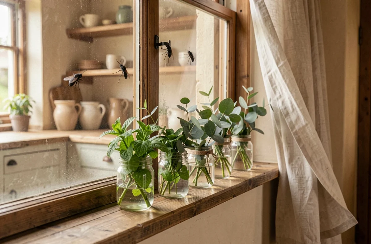 Appui de fenêtre rustique avec herbes aromatiques répulsives comme la menthe et le basilic pour éloigner naturellement les gros insectes noirs volants