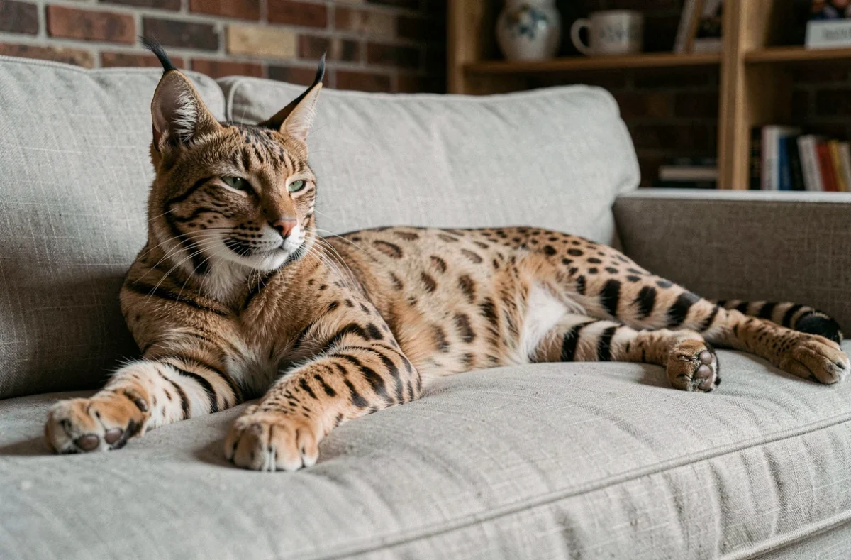 Chat Highland Lynx allongé sur un canapé en lin avec ses pattes polydactyles étendues, montrant son pelage tacheté et ses oreilles touffues dans un intérieur chaleureux.