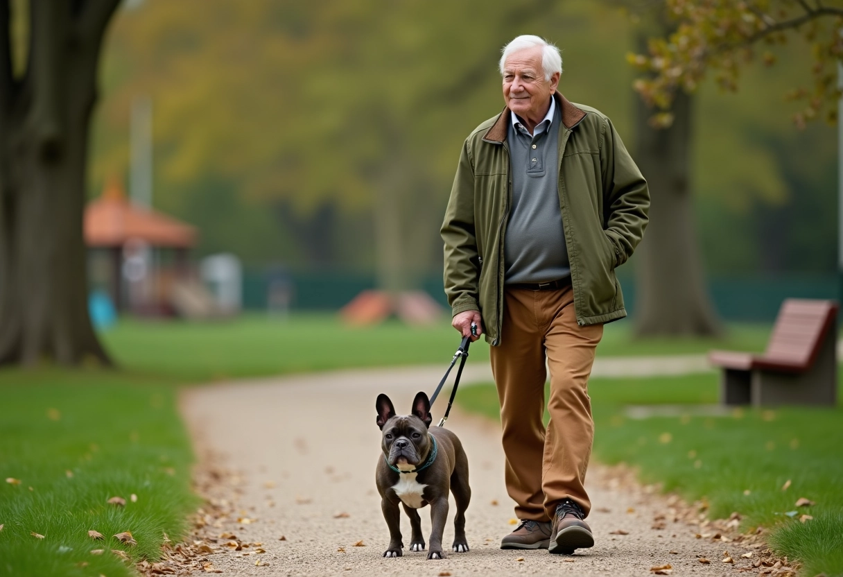 Homme âgé promenant bouledogue français dans parc
