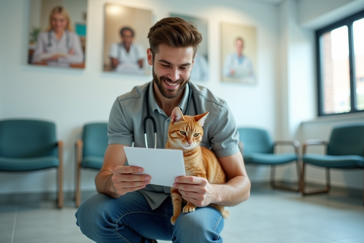 Homme tenant son chat ginger dans une clinique vétérinaire lumineuse