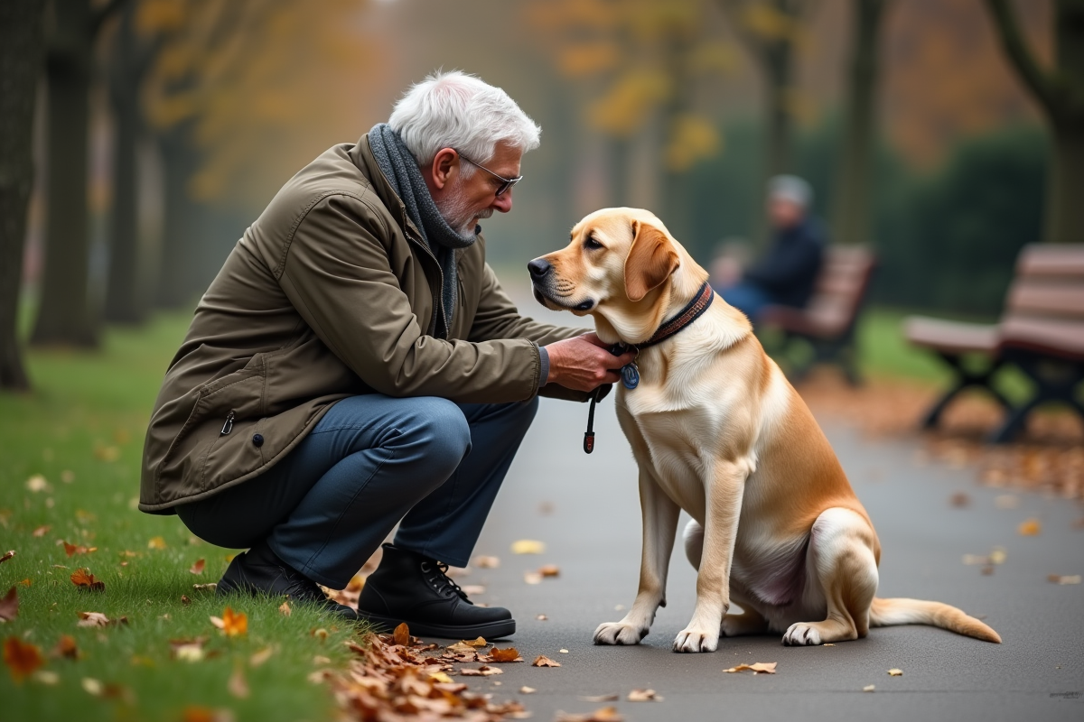Homme âgé attache le collier de son labrador dans un parc