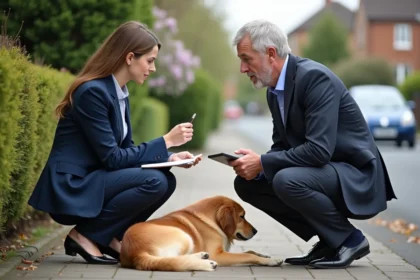 Homme en costume navy parle à une femme avec un chien blessé