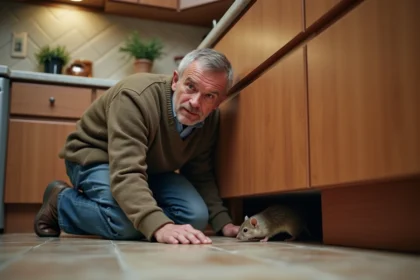 Homme d'âge moyen regardant sous un meuble de cuisine