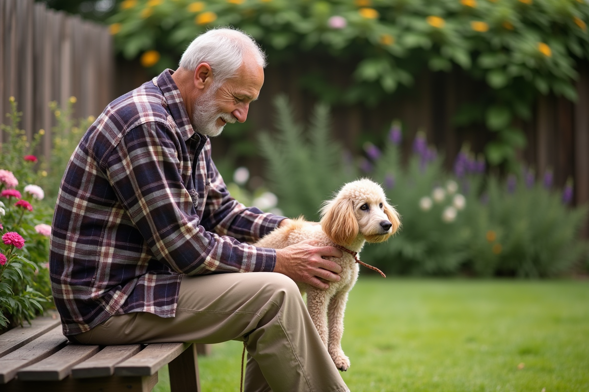 Homme détachant un poodle dans le jardin en été