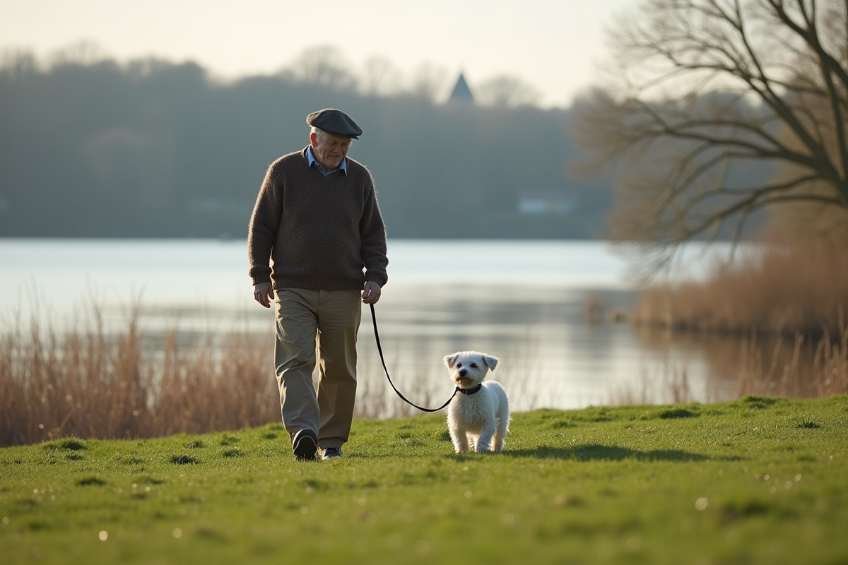 Homme âgé avec son chien dans un parc au bord du lac