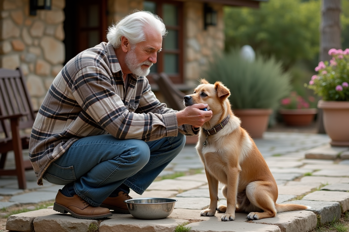 Homme age appliquant une infusion aux herbes sur un chien