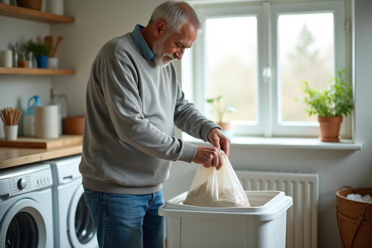 Homme pratique jette la litière usagée dans la poubelle