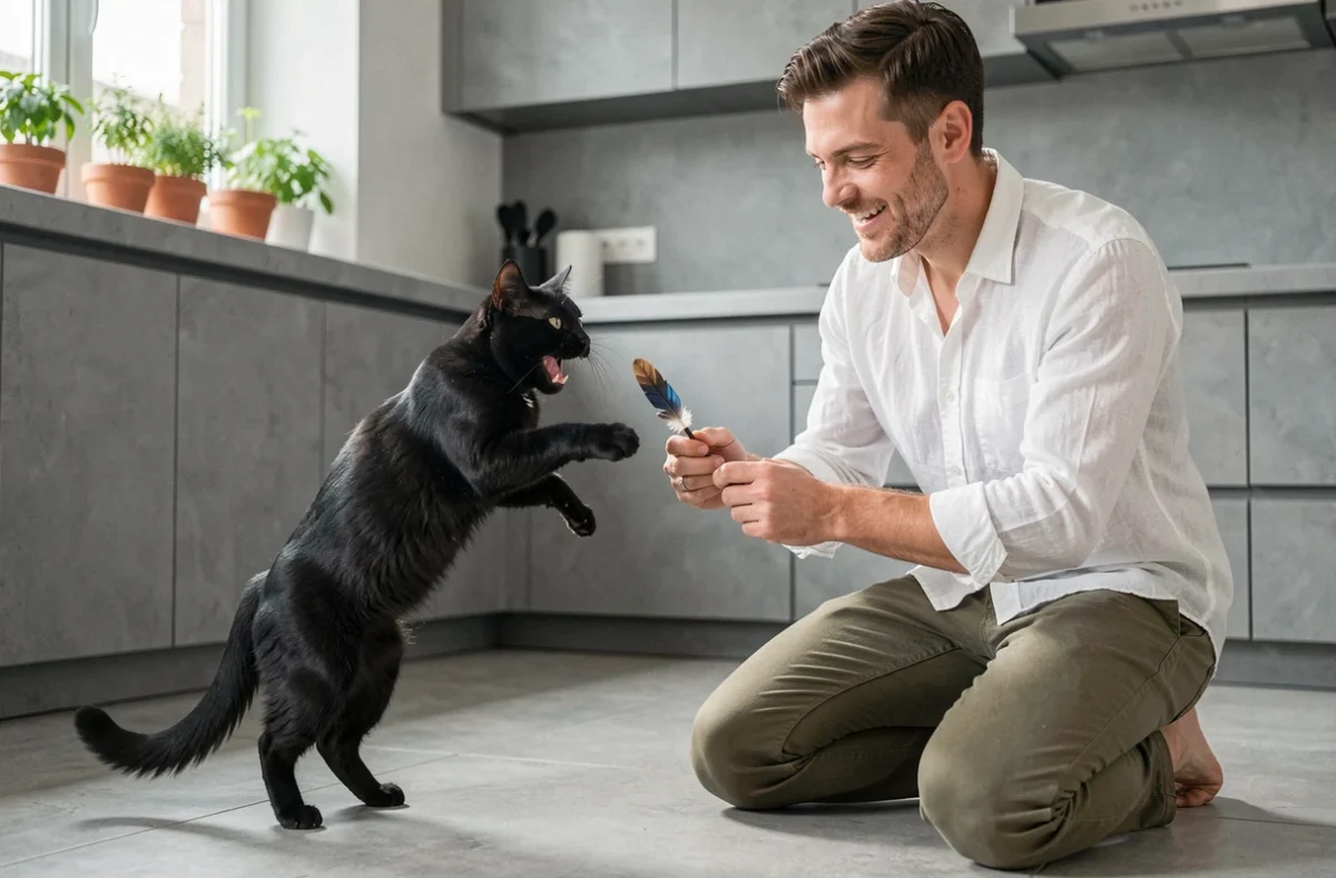 Homme jouant avec son chat noir en cuisine avec un jouet interactif pour renforcer le lien