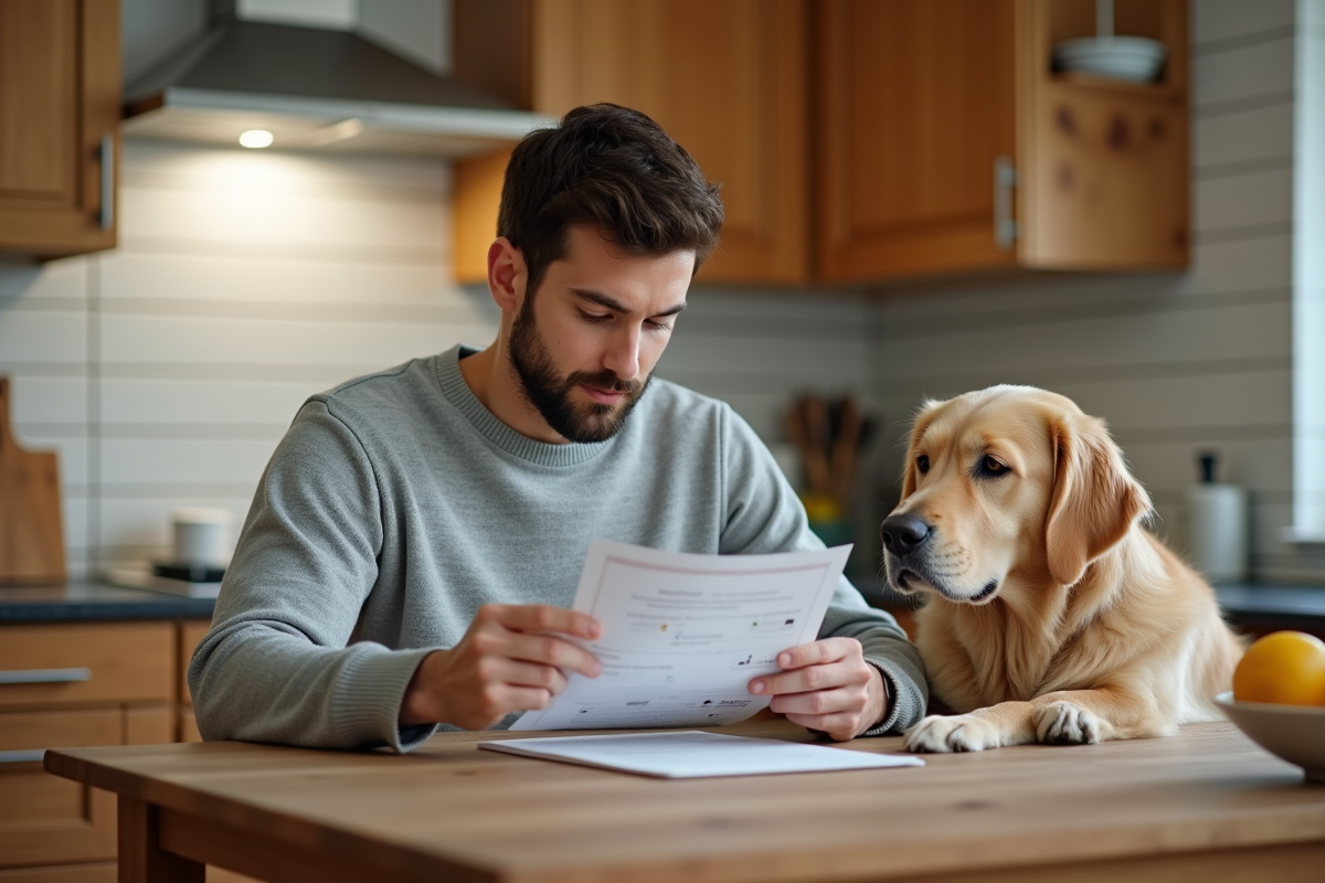 Jeune homme lisant une notice de médicament avec son chien
