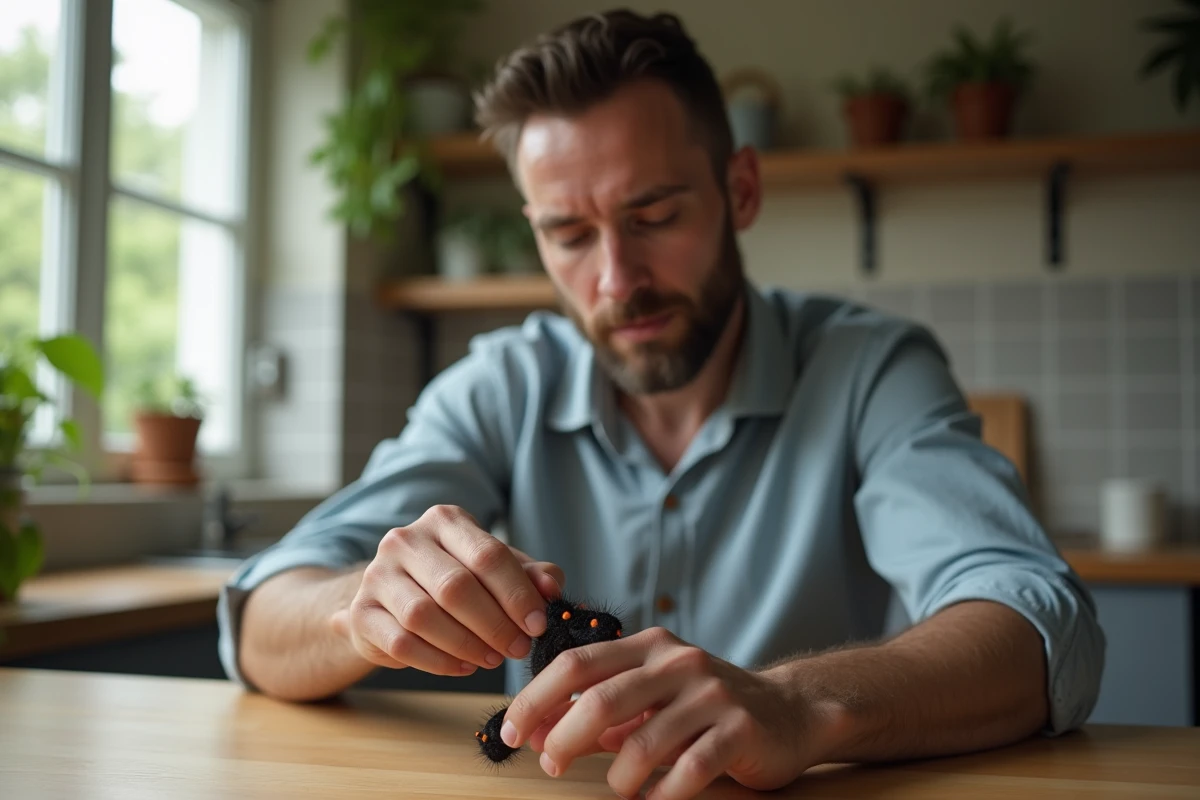 Homme inspectant un caterpillar sur sa main dans la cuisine